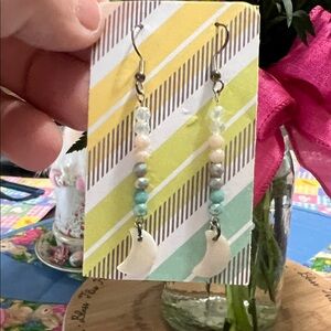 New Beaded Moon Dangle Earrings in Cream, Turquoise & Pale Pink